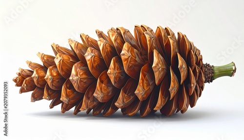 A brown pine cone with overlapping spiral scales and a greenish stem, digitally rendered against a plain background, symbolizing natural geometry, Fibonacci patterns, and conifer seed protection.