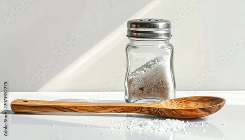 A clear glass salt shaker with metallic lid beside two overlapping wooden spoons on smooth white surface, with scattered salt grains and bright natural light casting soft shadows and reflections.