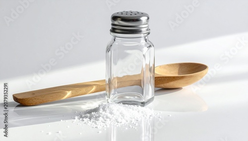 A clear glass salt shaker with metallic lid beside two overlapping wooden spoons on smooth white surface, with scattered salt grains and bright natural light casting soft shadows and reflections.