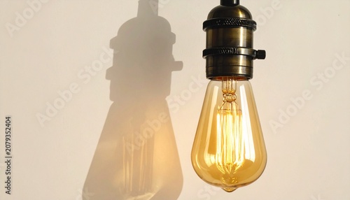 A single hanging pendant light fixture with black ceiling mount, cord, and brass socket holding an exposed Edison bulb, minimalist industrial design glowing warmly against a neutral background.