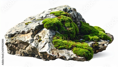 An irregularly shaped rock with rough texture covered in patches of green moss against a plain white background, symbolizing natural growth, weathering, and the interaction of living and non-living su