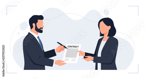 Business partners signing a contract agreement, a deal being finalized with a handshake or signature, modern vector illustration.