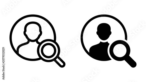 Photos User Search Icon: Two icons depicting a person silhouette within a circle, with a magnifying glass placed over them, representing user search or profile inspection