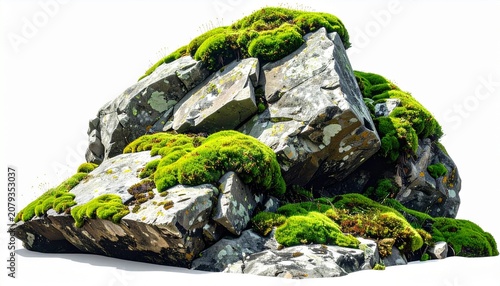 An irregularly shaped rock with rough texture covered in patches of green moss against a plain white background, symbolizing natural growth, weathering, and the interaction of living and non-living su