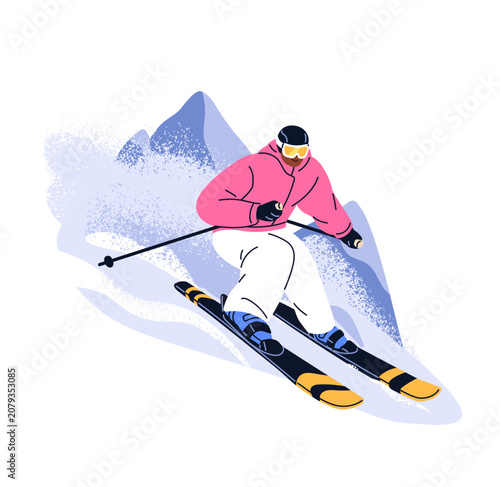 Skier at mountain resort, sliding downhill. Black person in action, skiing on...