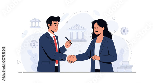 Business professionals shaking hands, symbolizing partnership, agreement, and financial success with bank and currency symbols in the background.