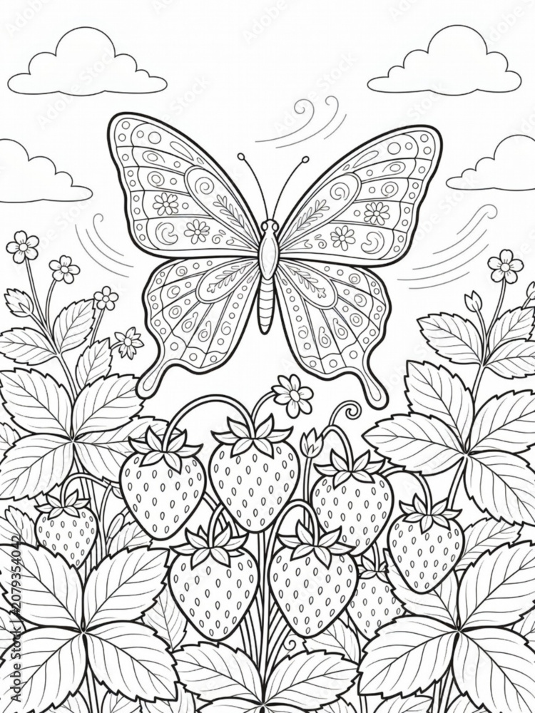 Fototapeta premium A butterfly flying over a strawberry bush coloring page