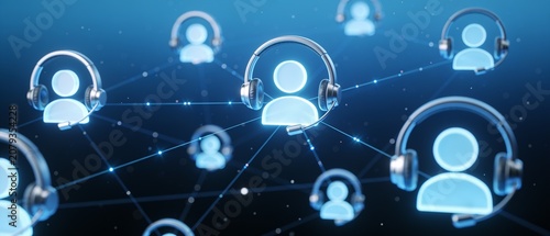 Abstract 3D rendering of a global customer support network with call center operator icons connected by digital lines