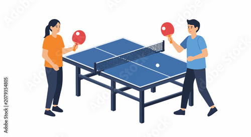 Two people playing ping pong one woman in orange one man in blue on a blue table