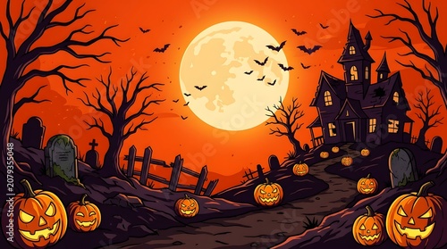 Happy halloween spooky scene haunted house jack o' lanterns bats and full moon illustration