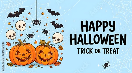 Happy halloween trick or treat two smiling pumpkins with bats spiders and skulls on a spooky blue background