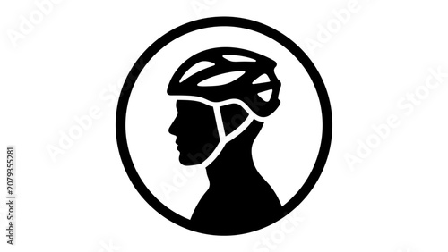 Fotografie Cyclist Helmet Icon: A simple, bold black and white graphic icon depicting the profile silhouette of a person wearing a cycling helmet, enclosed within a circle