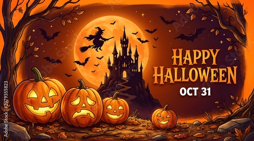 Happy halloween a spooky night with pumpkins bats and a witch on a broomstick under the full moon