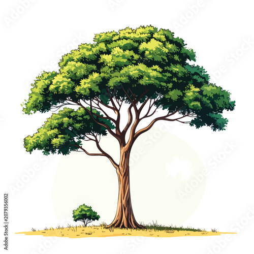 Isolated large deciduous tree with green foliage and textured bark.