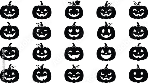 Canvas Print Set of black halloween pumpkin icons with funny and scary faces for holiday part