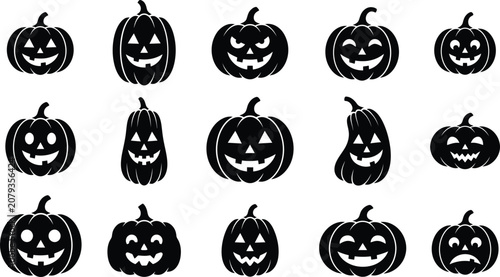 Konstfotografi Set of black halloween pumpkin icons with scary faces isolated for holiday party