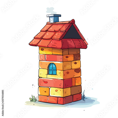 Small whimsical brick house illustration with a chimney.