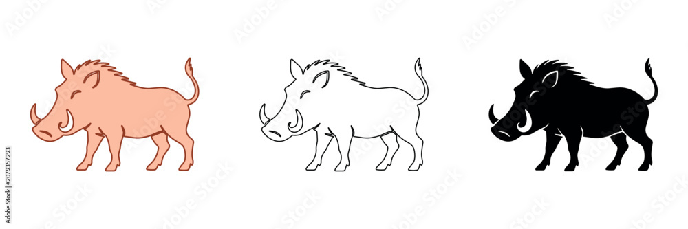 Fototapeta premium Collection of three stylized warthog illustrations in different styles