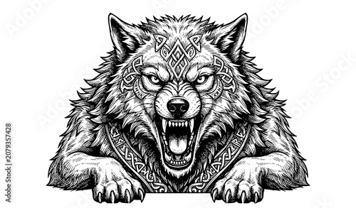 Photography Detailed Angry Wolf Head Illustration Featuring Fierce Expression Wild Animal En