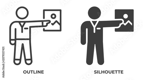 Foto Doctor Showing X-Ray: A doctor, represented in both outline and silhouette styles, points to a medical image, likely an X-ray, conveying diagnostics and patient care