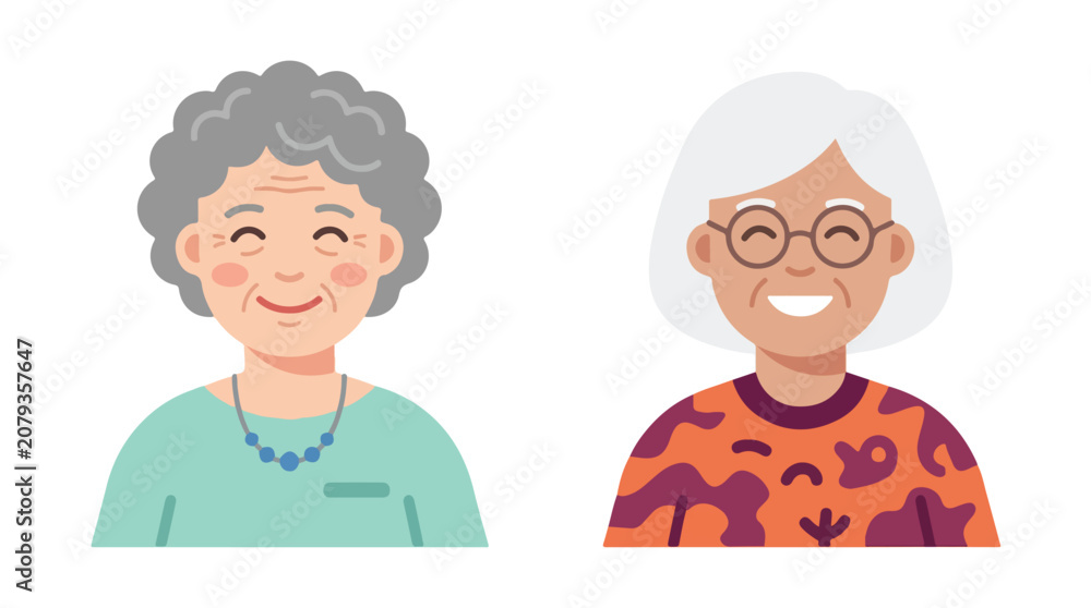 Obraz premium Cheerful and Diverse Elderly Women Smiling Portraits in Flat Vector Illustration Style