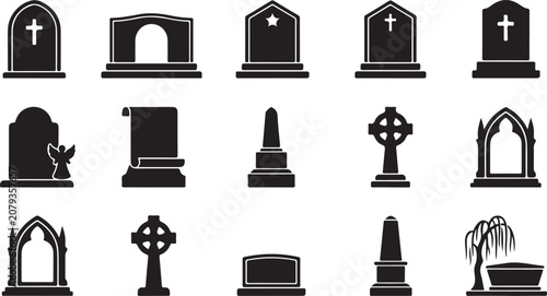 Photos Gravestone silhouette icons, 15 tombstone vector set, cemetery signs isolated on