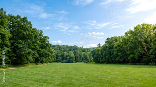 Serene natural green landscape photo with lush trees and grassy field