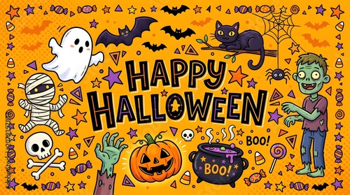 Vibrant halloween celebration illustration with spooky characters