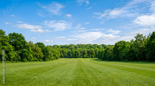 Lush green meadow and forest landscape a natural green image photo