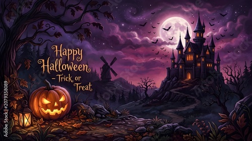 Spooky halloween night with castle bats and jack o lantern under full moon