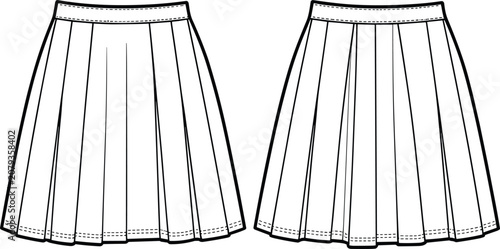 Front and back flat sketch of a white pleated skirt with a high waistband and stitched hem fashion sketch