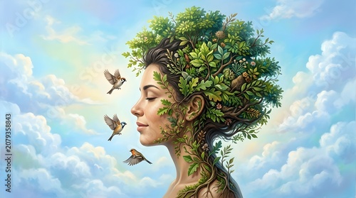 Woman with tree growing out of head and birds flying around her face in a serene sky