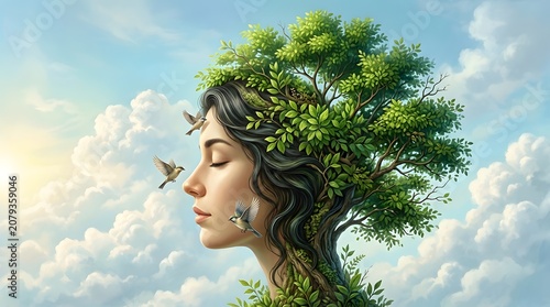 Woman's face merges with lush green tree under sunny sky with birds