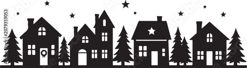 Konstfotografi Christmas village silhouette, winter town houses, holiday vector isolated on Tra