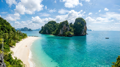 Serene natural green island getaway with turquoise waters and white sandy beach