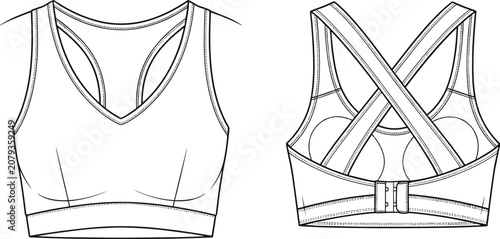 Front and back line drawings of a sports bra with aV-neck and criss-cross straps athletic wear activewear