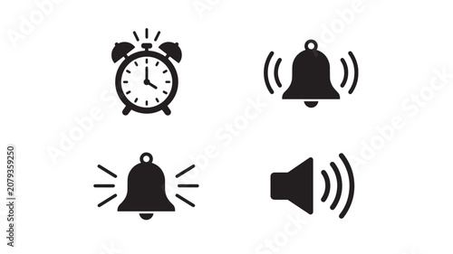 Photos Alarm Clock and Bell Icons with Sound Waves for Notification and Alert Communica