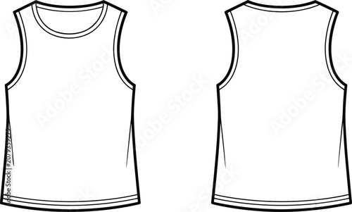 Front and back view of a black and white line drawing of a sleeveless tank top t-shirt clothing