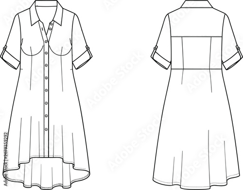 Front and back view of a black and white line drawing of a collared shirt dress with rolled sleeves clothing
