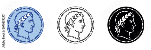 Foto Roman emperor profile on coin in three distinct graphic styles
