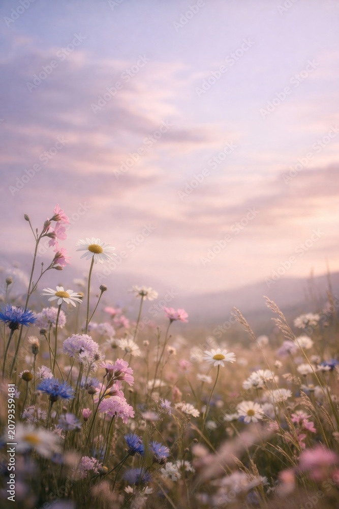 Naklejka premium Serene wildflower meadow at sunset.
