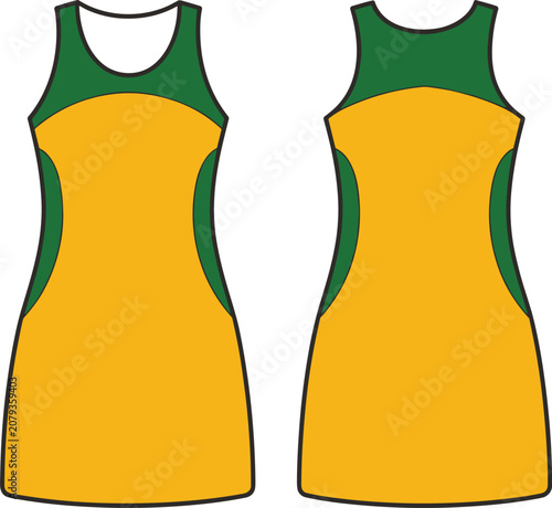 Front and back view of a yellow and green sports dress with black trim athletic dress uniform