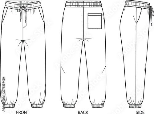 Jogger Pants Fashion Design Technical Flats Front Back and Side Views vector illustration