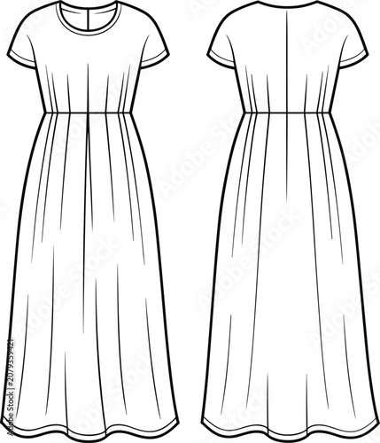 Front and back view technical drawing of a long, gathered sleeve dress long dress gathered dress
