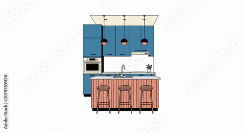 A modern kitchen with blue cabinets a pink island and three stools