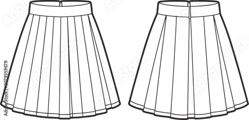 Pleated Skirt Flat Sketch Front And Back View With Waistband Detail fashion clothing