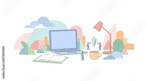 A minimalist illustration depicts a laptop open book cup and tiny people near crystals and abstract shapes