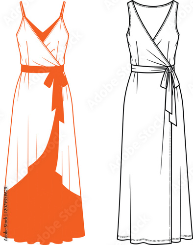 Two fashion illustrations of a long wrap dress, one colored and one line drawing garment clothing