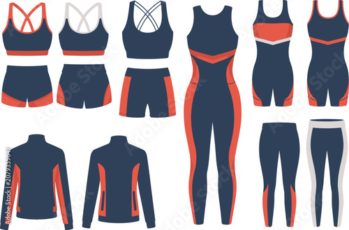 Women's Athletic Apparel Flat Sketch Collection With Sports Bra Shorts Jumpsuit And Jacket athletic wear