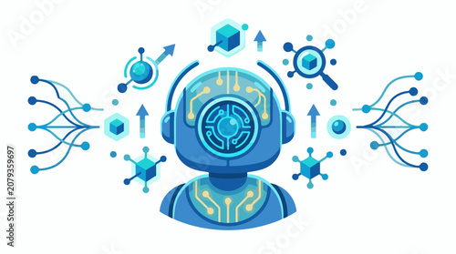 A futuristic blue robot with various circuit and molecular graphics